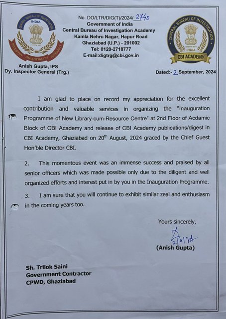 CBI Academy Appreciation Letter Sept 2024