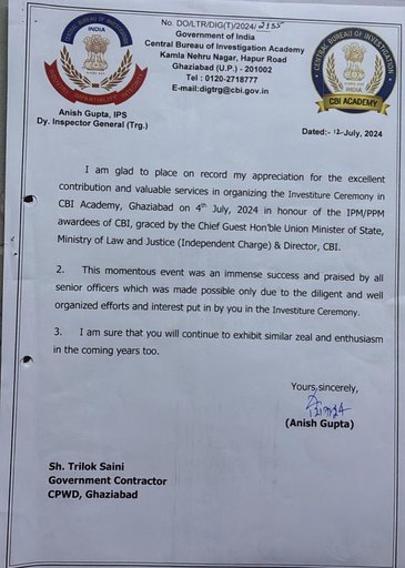 CPWD Republic Day President Dias Appreciation Letter